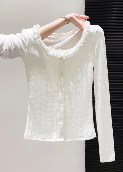 Fitted Sky Blue Ruffled Patchwork Cotton Tops Fall