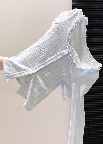 Fitted Sky Blue Ruffled Patchwork Cotton Tops Fall