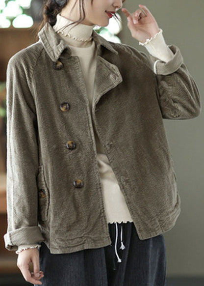 Taillierter, teegrüner PeterPan-Kragen, Patchwork-Herbstmantel mit Knopfleiste