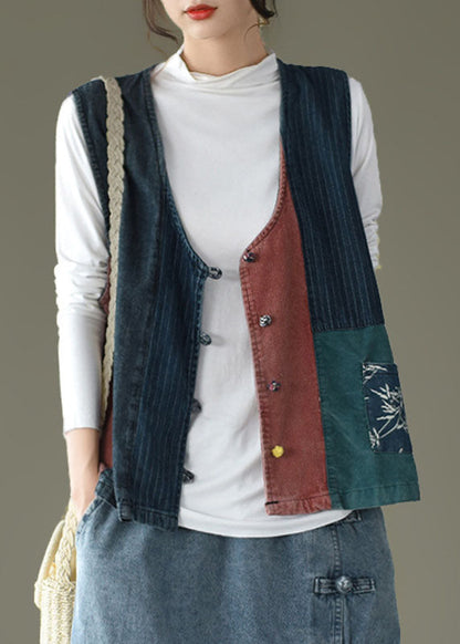 Tailliertes V-Ausschnitt-Knopf-Patchwork-Denim-Tanktops ärmellos