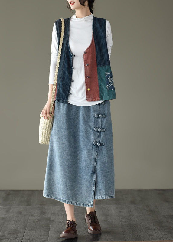 Tailliertes V-Ausschnitt-Knopf-Patchwork-Denim-Tanktops ärmellos
