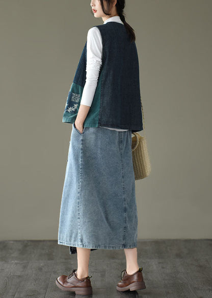 Tailliertes V-Ausschnitt-Knopf-Patchwork-Denim-Tanktops ärmellos