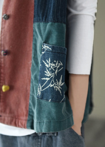 Tailliertes V-Ausschnitt-Knopf-Patchwork-Denim-Tanktops ärmellos