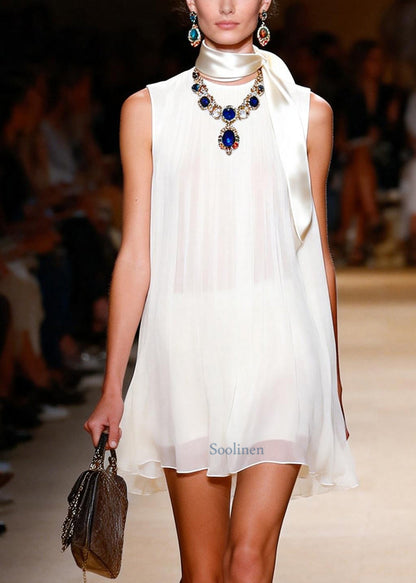 Fitted White O-Neck Draping Chiffon Vacation Dress Sleeveless