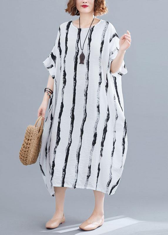 Fitted White O-Neck Striped Summer Robe Dresses - SooLinen
