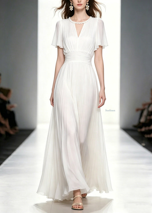 Fitted White O-Neck Wrinkled Tunic Solid Chiffon Long Dresses Summer