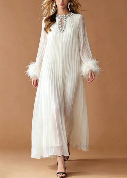 Fitted White Oversized Rhinestone Chiffon Pleated Dresses Summer