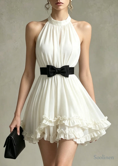 Fitted White Ruffled Bow Chiffon Day Dress Sleeveless
