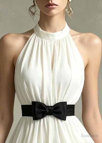 Fitted White Ruffled Bow Chiffon Day Dress Sleeveless