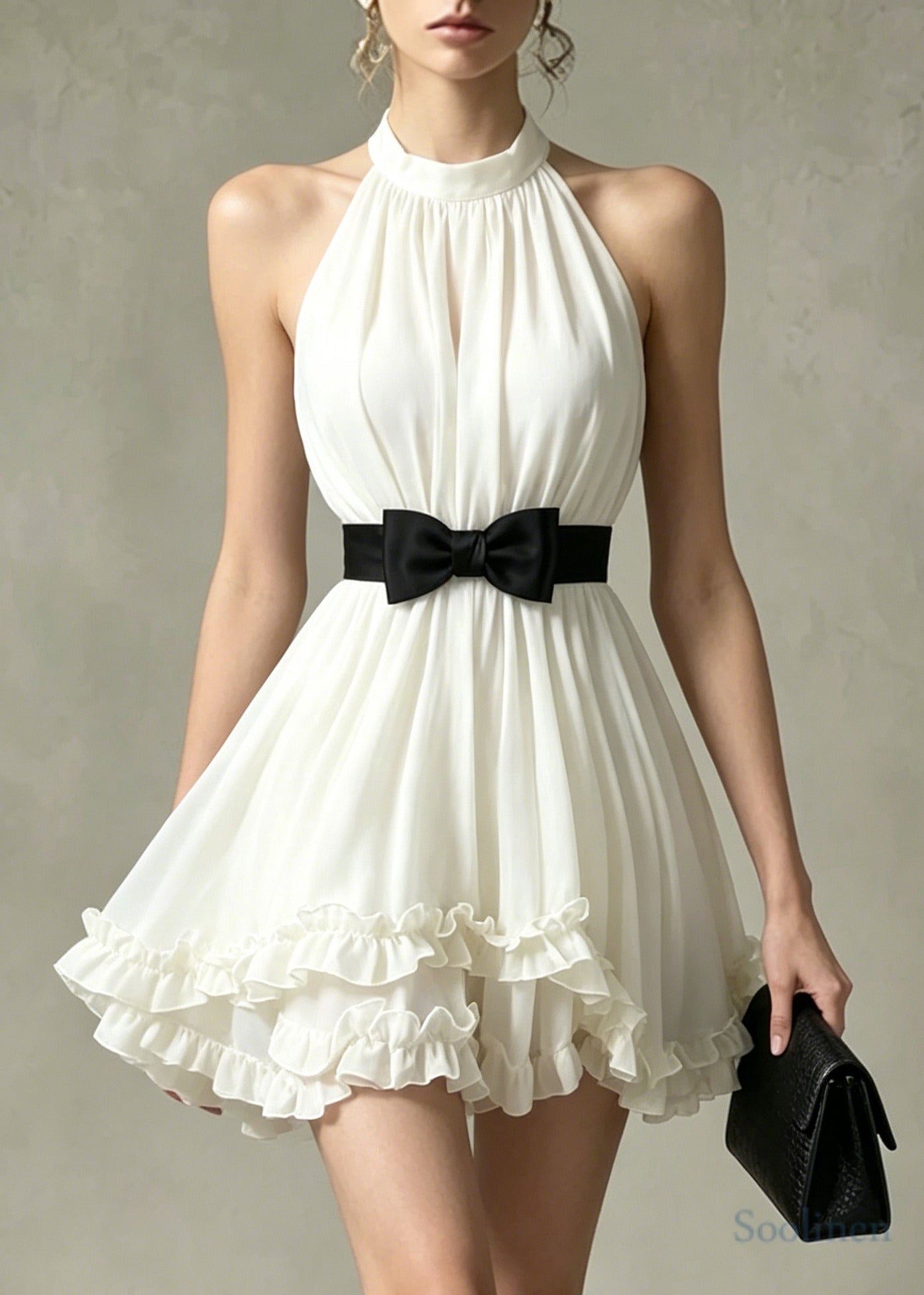 Fitted White Ruffled Bow Chiffon Day Dress Sleeveless