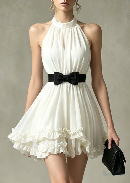 Fitted White Ruffled Bow Chiffon Day Dress Sleeveless