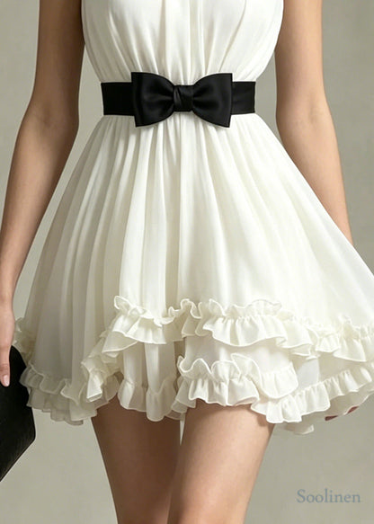 Fitted White Ruffled Bow Chiffon Day Dress Sleeveless
