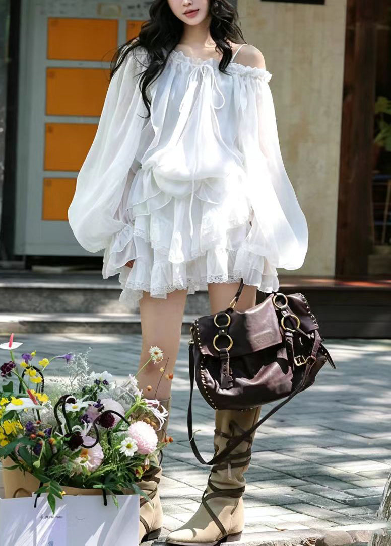 Fitted White Ruffled Lace Up Layered Chiffon Two Pieces Set Summer
