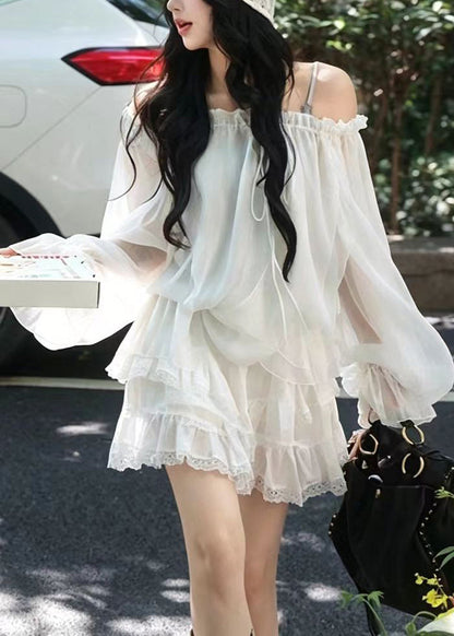 Fitted White Ruffled Lace Up Layered Chiffon Two Pieces Set Summer