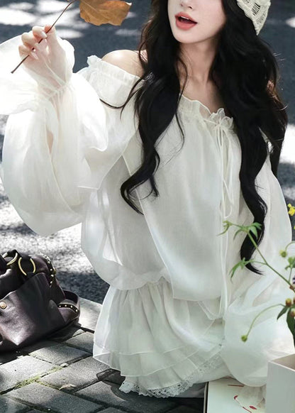 Fitted White Ruffled Lace Up Layered Chiffon Two Pieces Set Summer