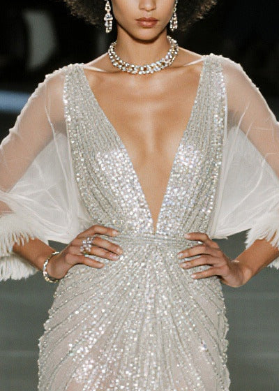 Fitted White Sequins Patchwork Faux Fur Sheer Dress Summer