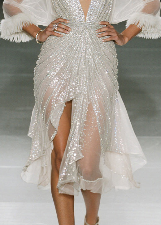 Fitted White Sequins Patchwork Faux Fur Sheer Dress Summer