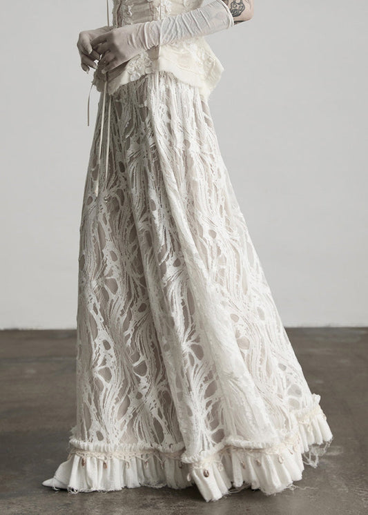 Faldas ajustadas de encaje con borlas blancas y patchwork para primavera