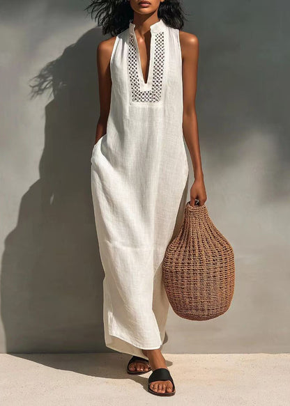 Fitted White V Neck Cut Out Cotton Long Dress Sleeveless