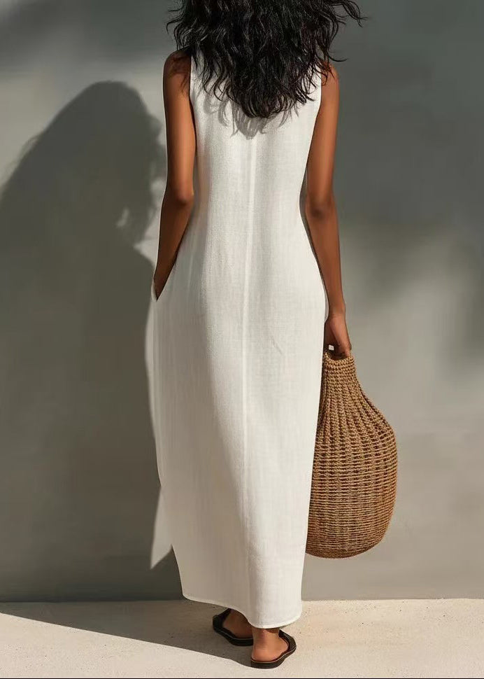 Fitted White V Neck Cut Out Cotton Long Dress Sleeveless
