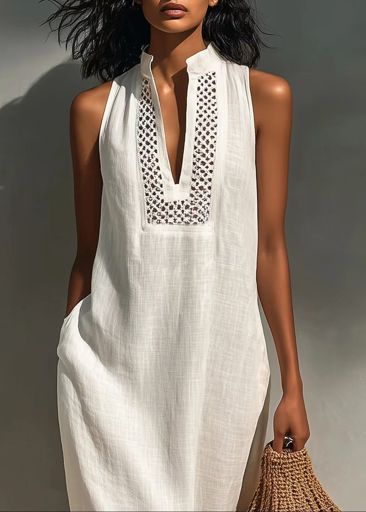 Fitted White V Neck Cut Out Cotton Long Dress Sleeveless