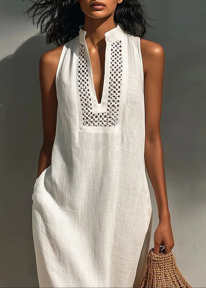 Fitted White V Neck Cut Out Cotton Long Dress Sleeveless