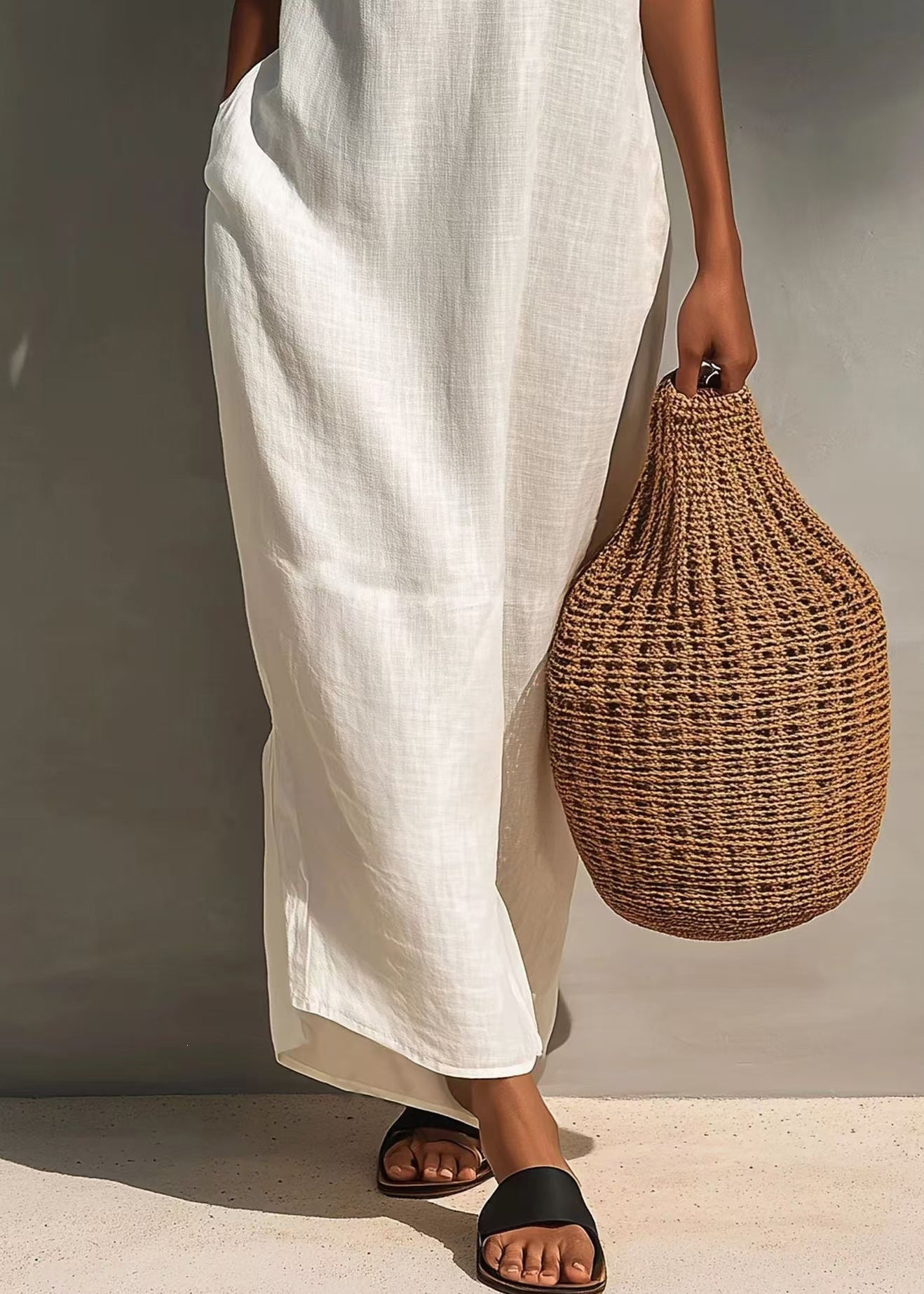 Fitted White V Neck Cut Out Cotton Long Dress Sleeveless