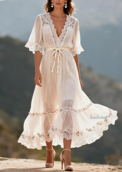 Fitted White V Neck Lace Floral Patchwork Chiffon Dress Summer