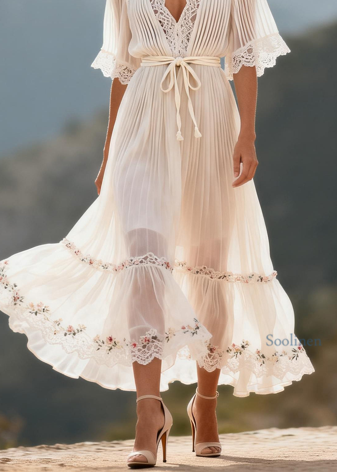 Fitted White V Neck Lace Floral Patchwork Chiffon Dress Summer