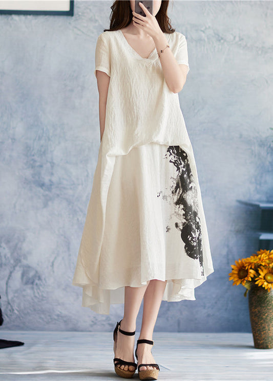 Tailliertes weißes asymmetrisches Design V-Ausschnitt Print Urlaubskleid Kurzarm