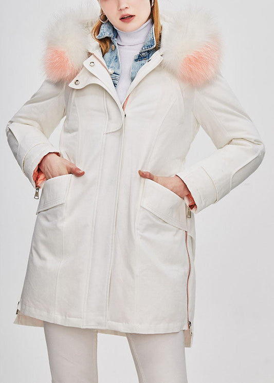 Fitted White hooded Fur collar low high design Winter Duck Down Coat