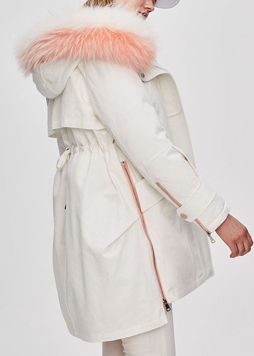 Fitted White hooded Fur collar low high design Winter Duck Down Coat