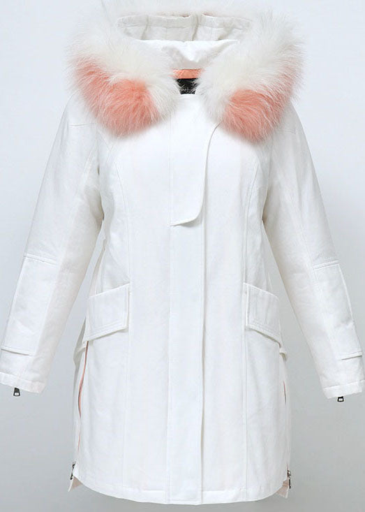 Fitted White hooded Fur collar low high design Winter Duck Down Coat