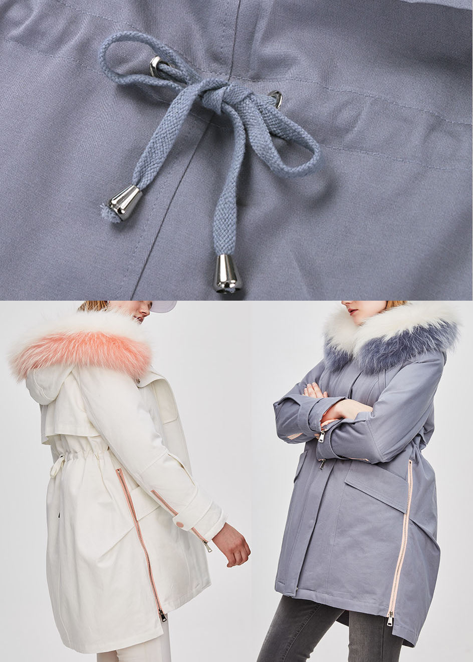 Fitted White hooded Fur collar low high design Winter Duck Down Coat
