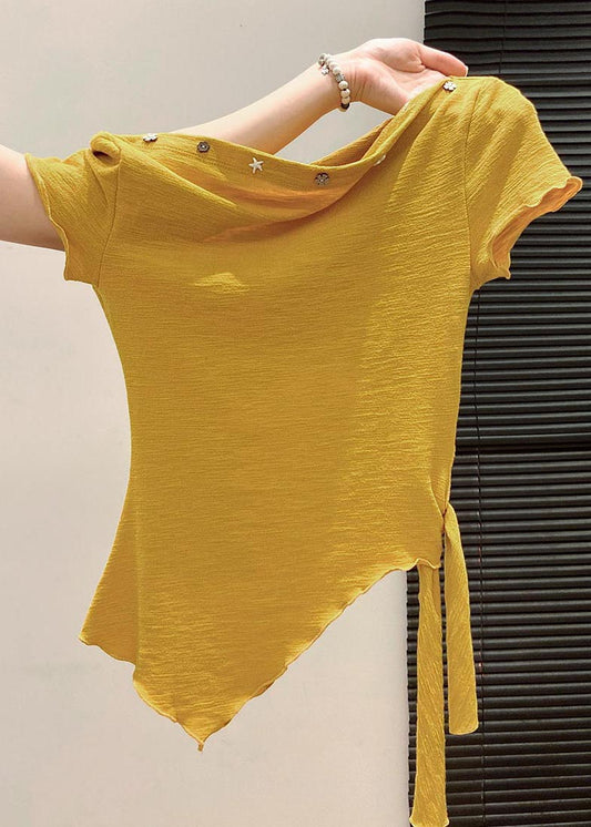 Fitted Yellow Asymmetrical One Shoulder Cotton Tank Tops Summer