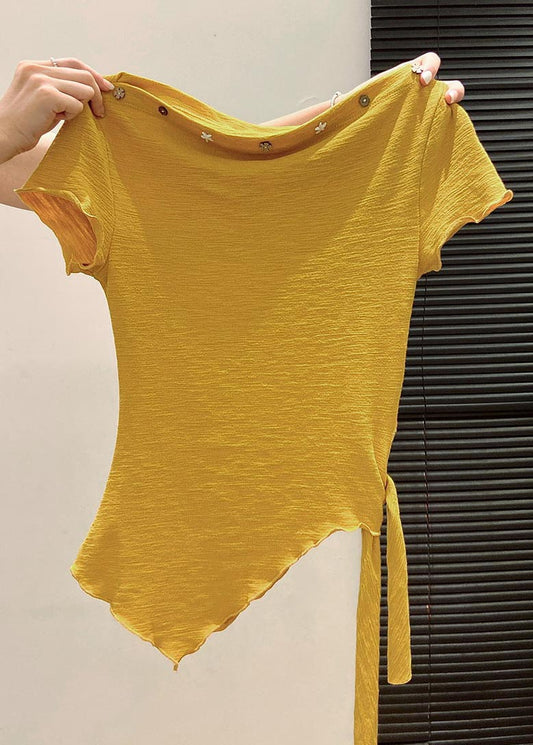 Fitted Yellow Asymmetrical One Shoulder Cotton Tank Tops Summer