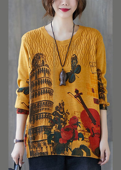 Taillierter, gelber O-Ausschnitt, lockerer Druck, lässiger Herbst-Strickpullover