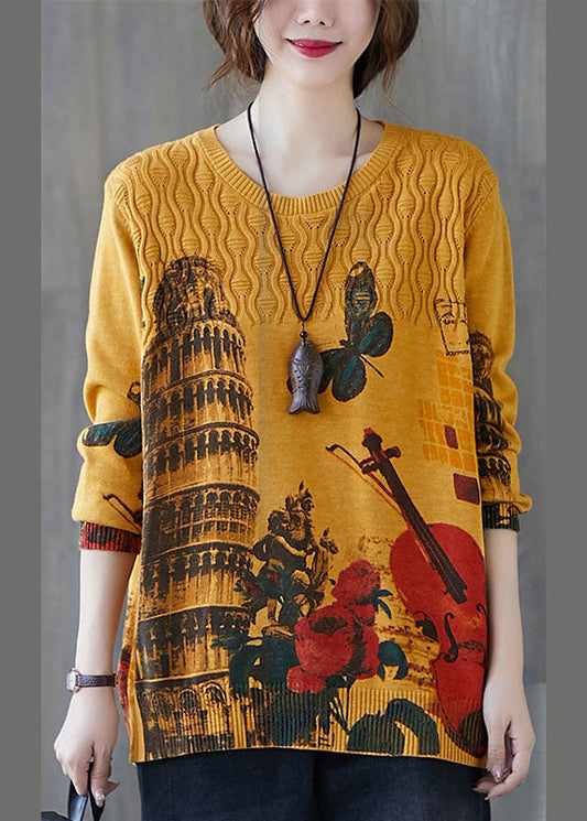 Taillierter, gelber O-Ausschnitt, lockerer Druck, lässiger Herbst-Strickpullover