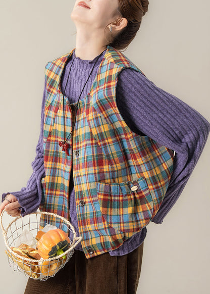 Figurbetonte gelbe Oversize-Baumwollwesten mit Karomuster für den Frühling