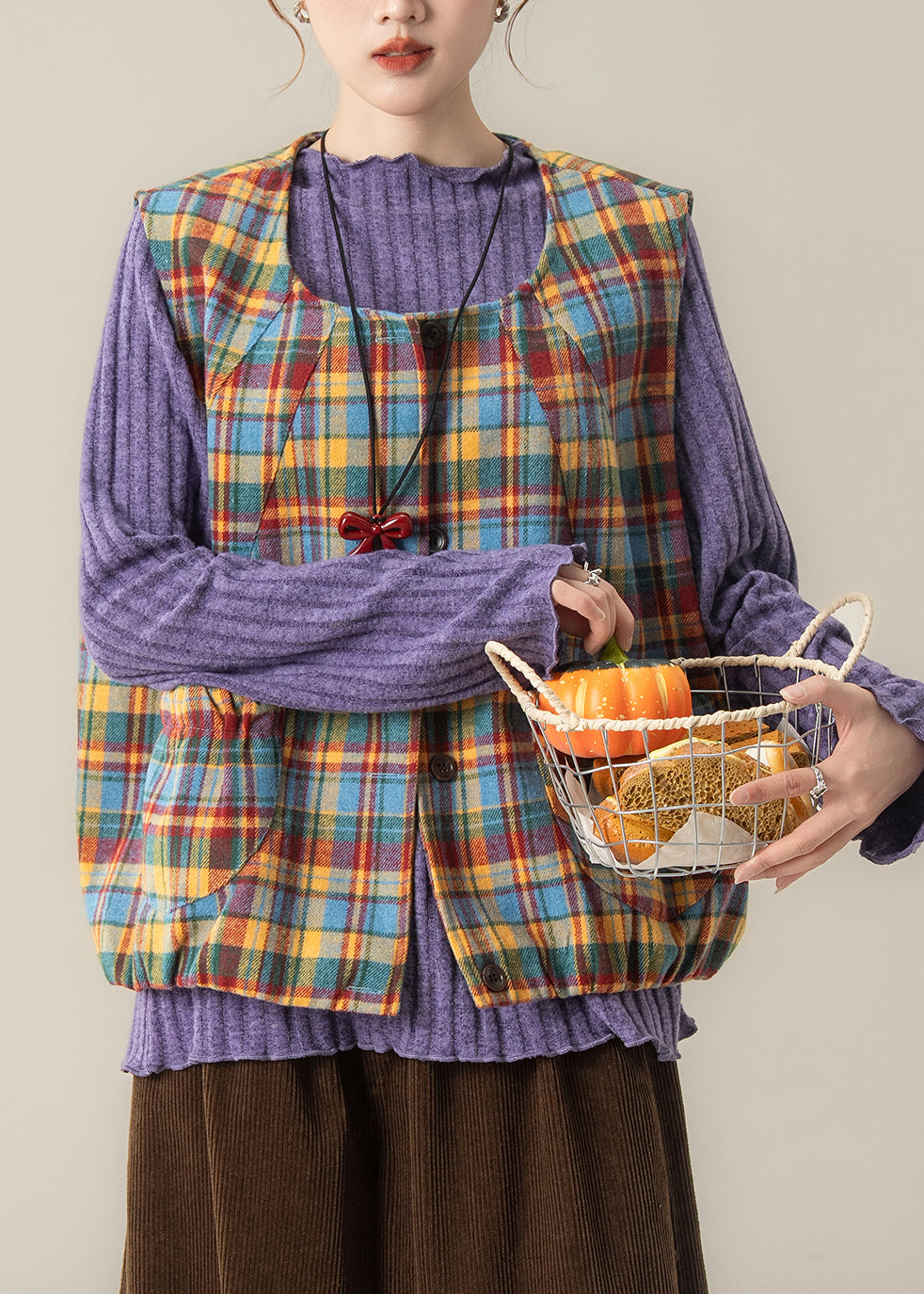 Figurbetonte gelbe Oversize-Baumwollwesten mit Karomuster für den Frühling