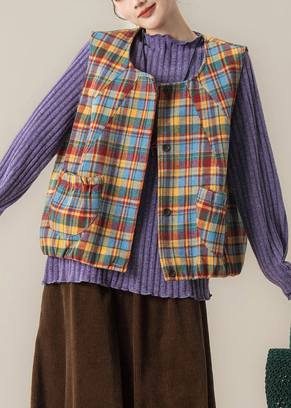 Figurbetonte gelbe Oversize-Baumwollwesten mit Karomuster für den Frühling