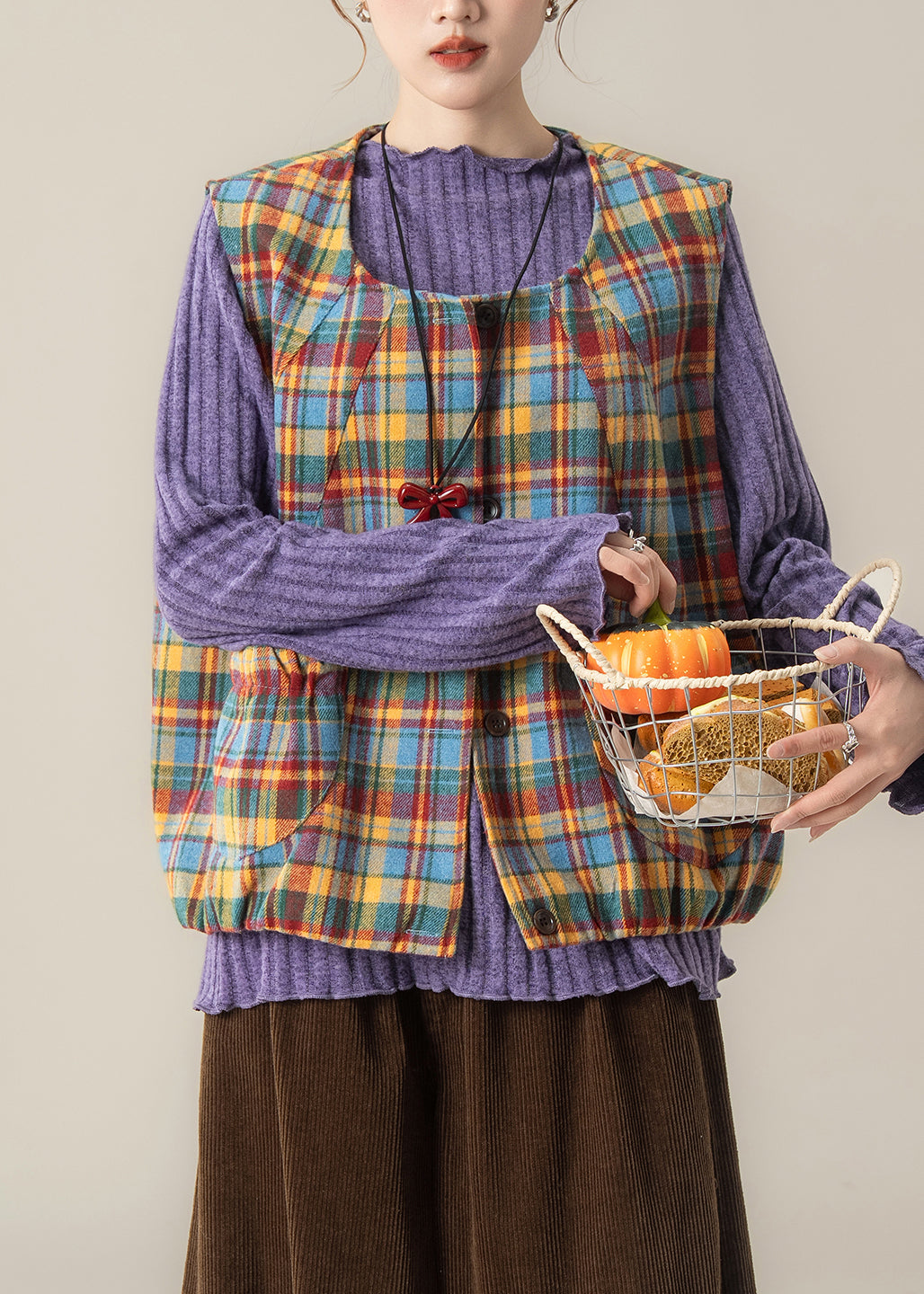 Figurbetonte gelbe Oversize-Baumwollwesten mit Karomuster für den Frühling