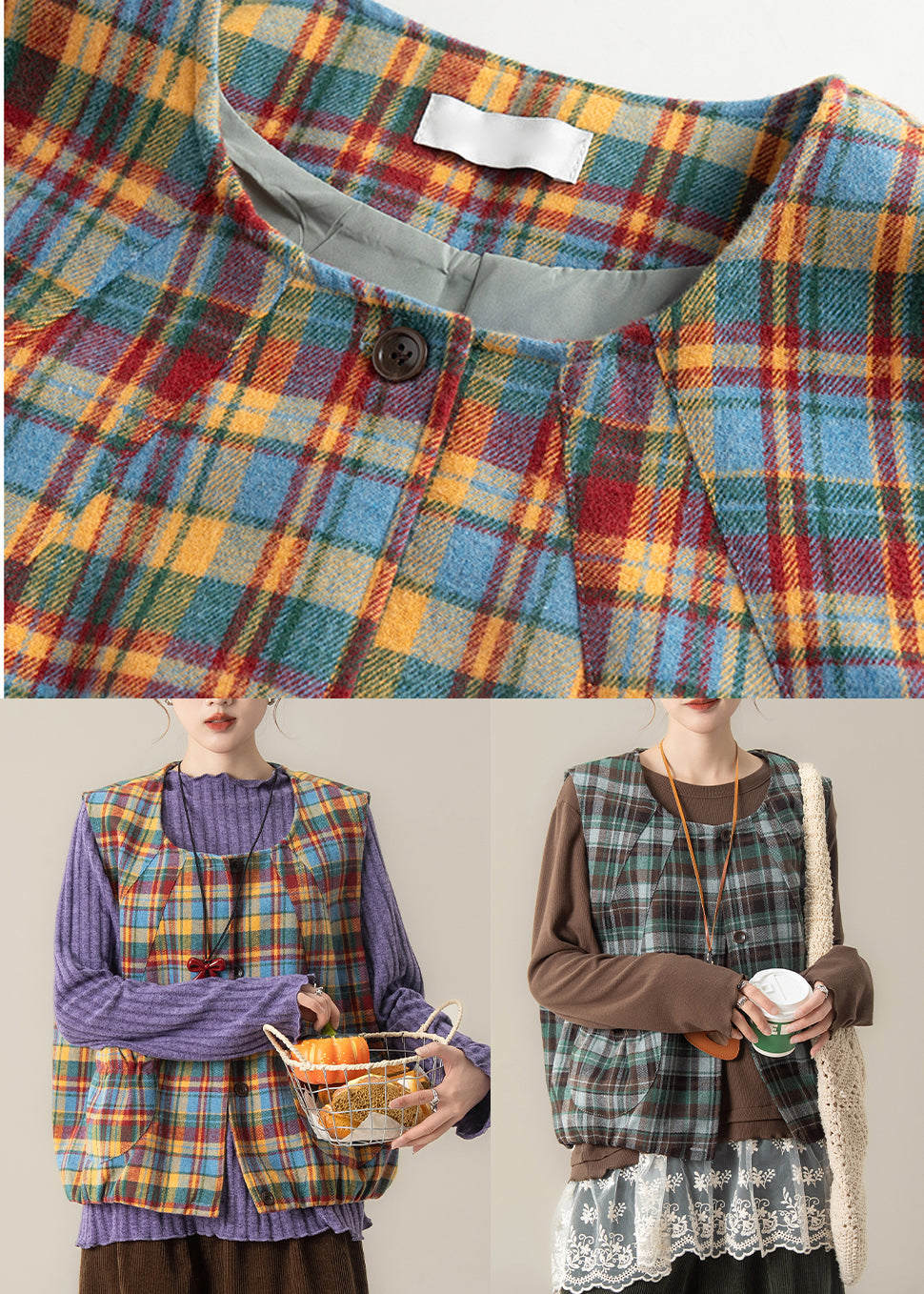 Figurbetonte gelbe Oversize-Baumwollwesten mit Karomuster für den Frühling