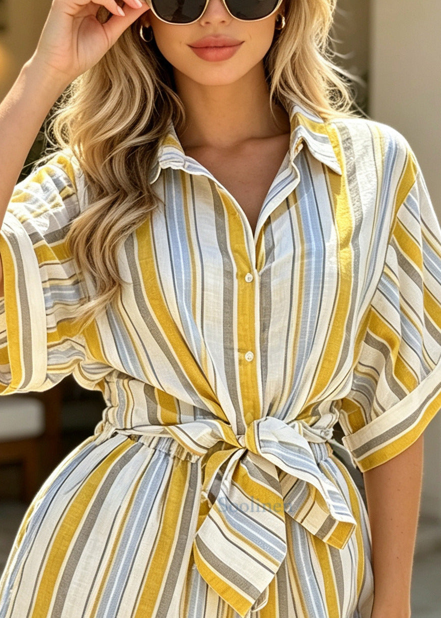 Fitted Yellow Oversized Striped Cotton Two Pieces Set Summer