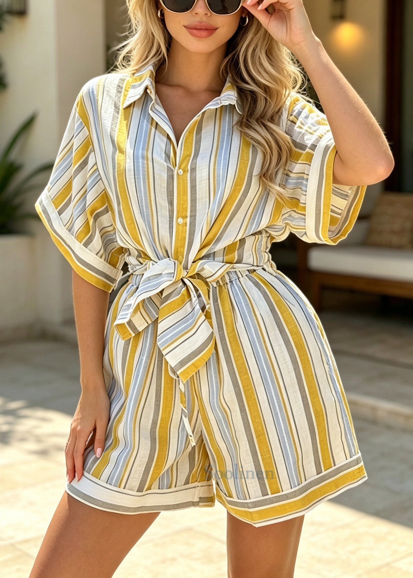 Fitted Yellow Oversized Striped Cotton Two Pieces Set Summer