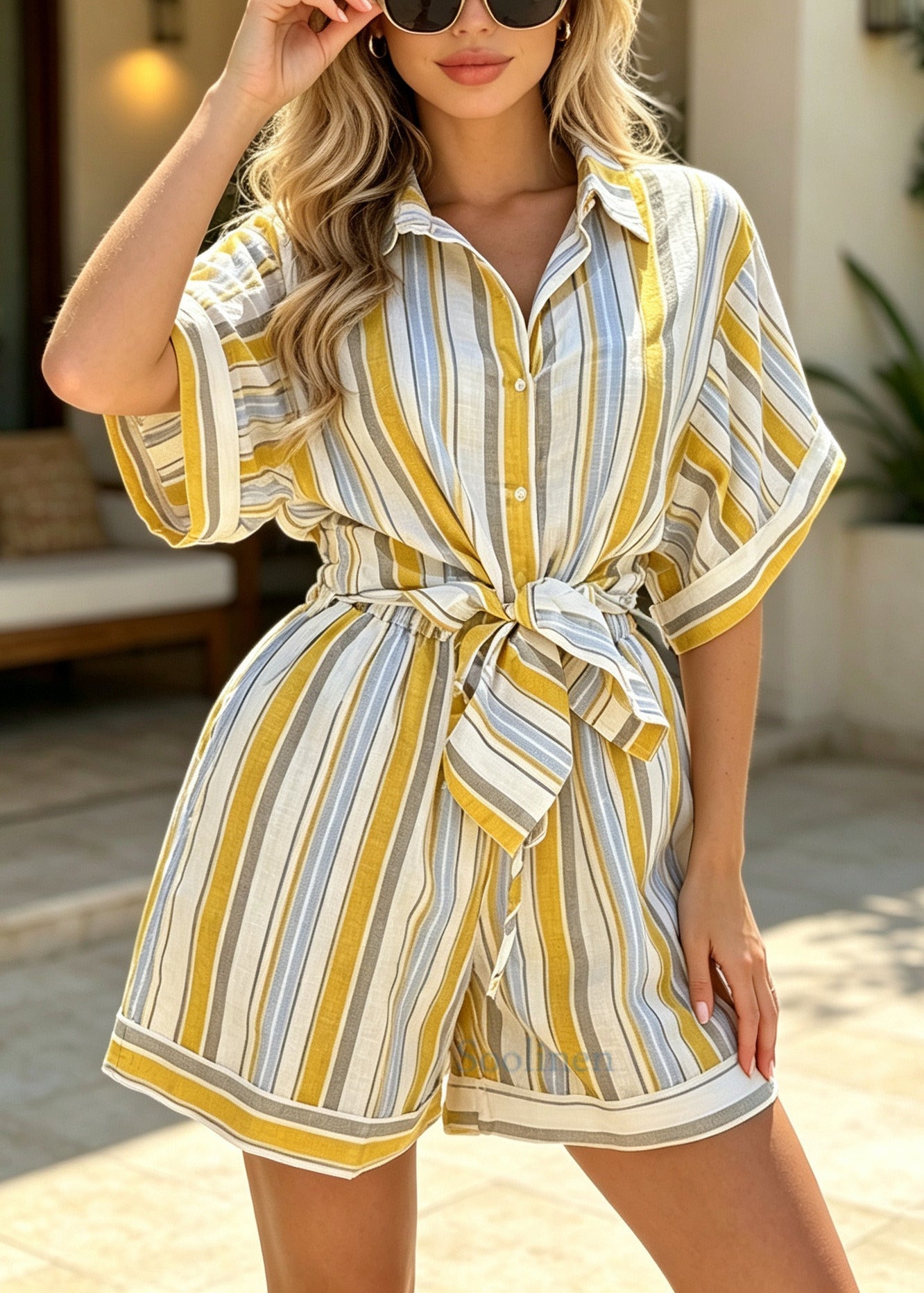 Fitted Yellow Oversized Striped Cotton Two Pieces Set Summer