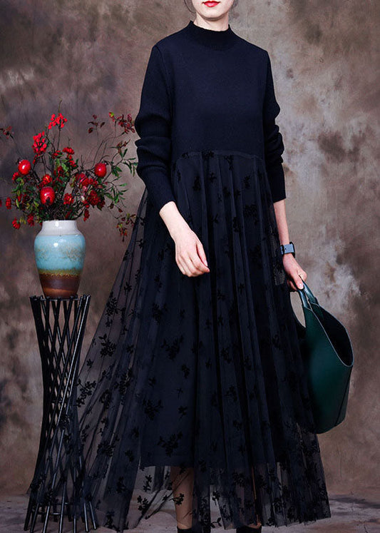 Tailliertes schwarzes O-Ausschnitt-Spitzen-Patchwork-Strick-Urlaubskleid
