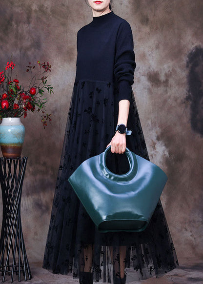 Tailliertes schwarzes O-Ausschnitt-Spitzen-Patchwork-Strick-Urlaubskleid