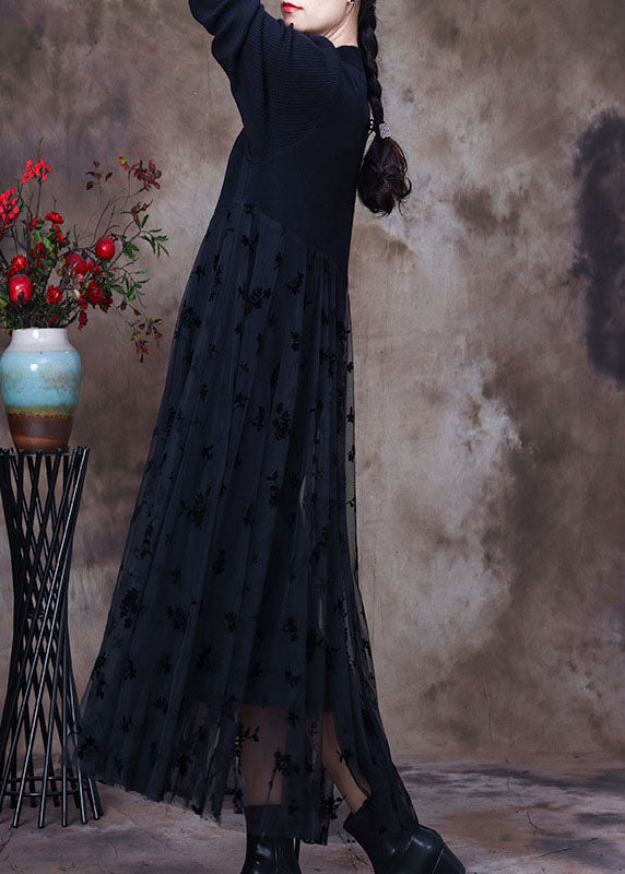 Tailliertes schwarzes O-Ausschnitt-Spitzen-Patchwork-Strick-Urlaubskleid