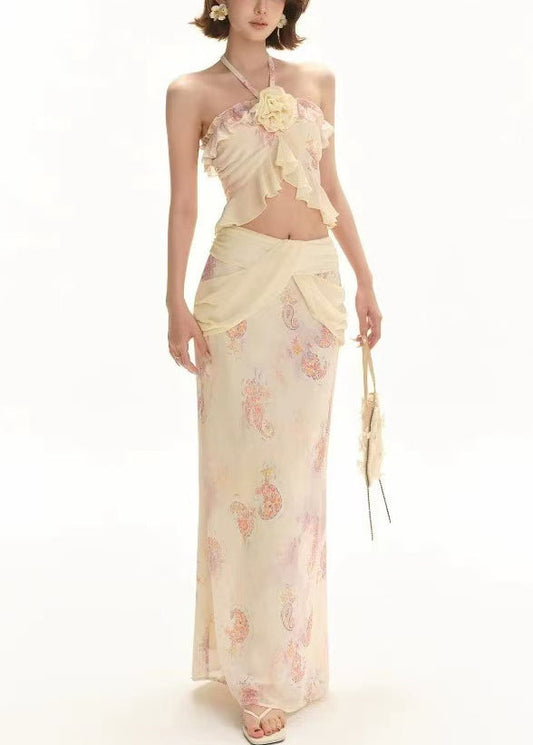 Floral Apricot Print Tank And Skirts Chiffon Two Pieces Set Sleeveless